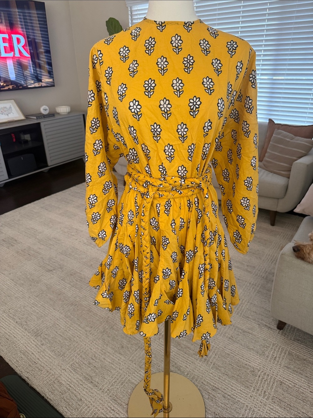 RHODE Yellow Floral Tie-Waist Mini Dress